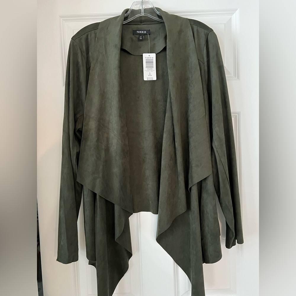 TORRID olive green faux suede drape front jacket.